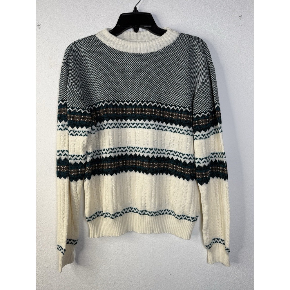 Rob‎ Winter Sweater Men's Large Cream Blue and Brown Cable Stitch